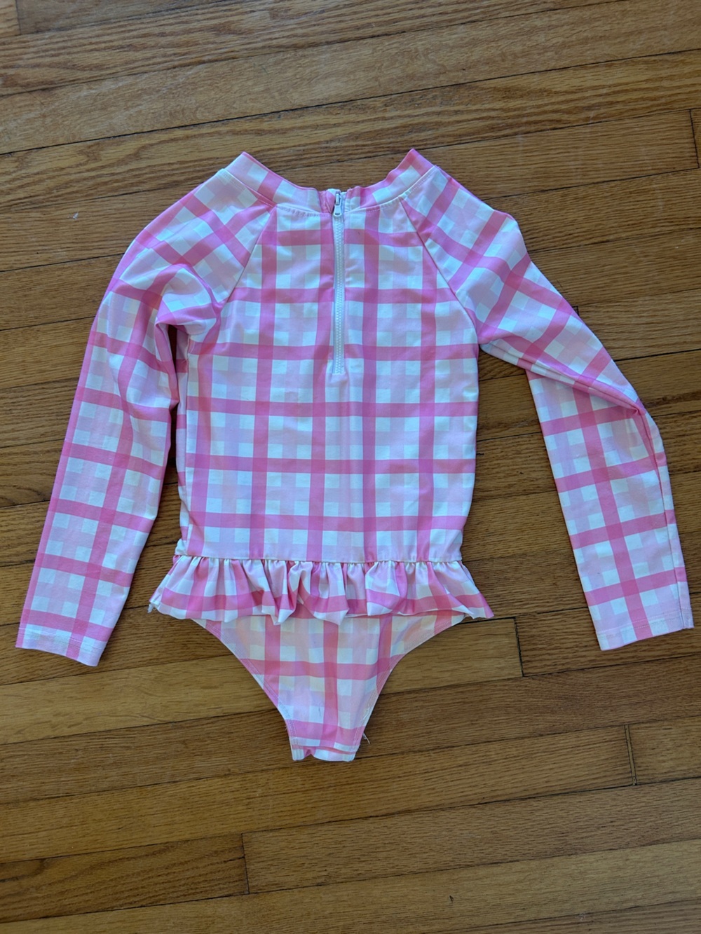 Girls Pink Gingham Long-Sleeve Rashguard One-Piece with Ruffle - Picture 2 of 5